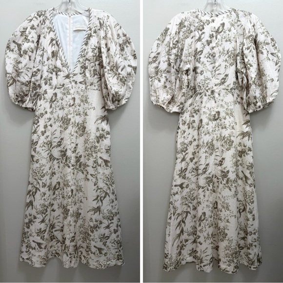 Zimmermann Linen Day Midi Dress Puff Sleeve Pockets Olive Green Toile Floral 6 - Picture 2 of 13